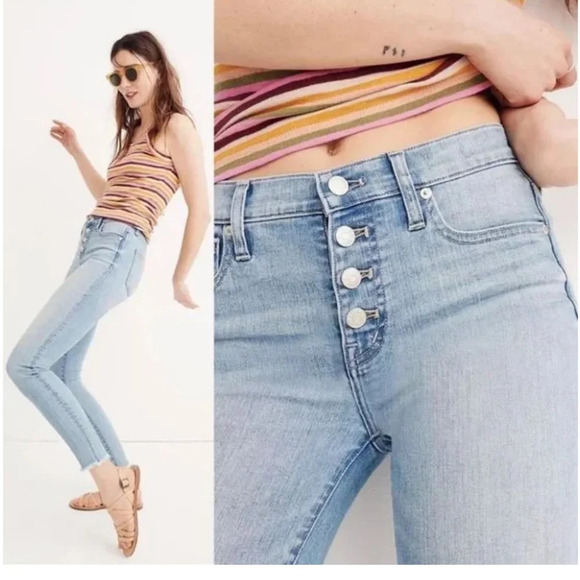 Madewell High Rise Skinny Crop Button Front Raw Hem Light Blue - Picture 1 of 13
